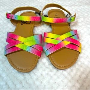 NWT - Girls Double Criss Cross & Ankle Strap Rainbow Glitter, Sparkle Sandals